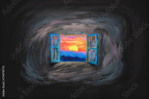 Sad room with a window opening to colorful and happy landscape, concept for hope, remission, optimism - AI Generated