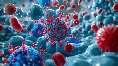 Viral Particles in a Microscopic View. High-resolution 3D illustration of various viruses in a vibrant microscopic environment.