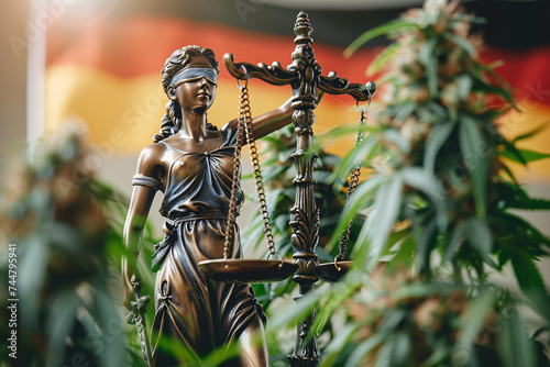 Cannabis legalization for recreational use in Germany, concept, lady Justice, marijuana, and the German flag photo