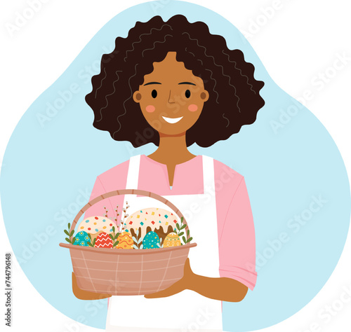 African american woman with Easter basket with panettone, eggs with ornament, green leaves and willow sprigs. Happy Easter greeting card. Vector illustration isolated on white background