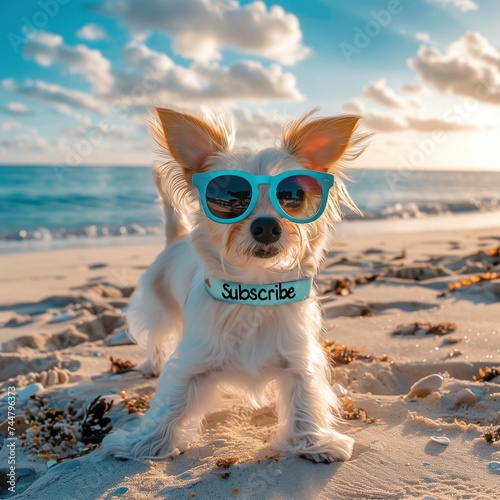 Beach-ready Pooch: White Dog with 'Subscribe' Collar and Blue Sunglasses
