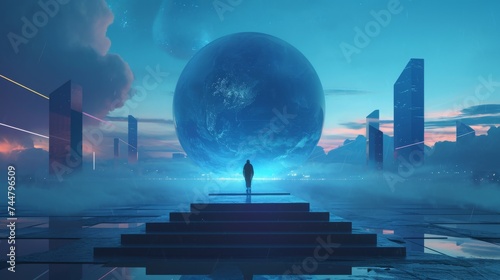 Conceptual image of a man standing on the stairs leading to the planet
