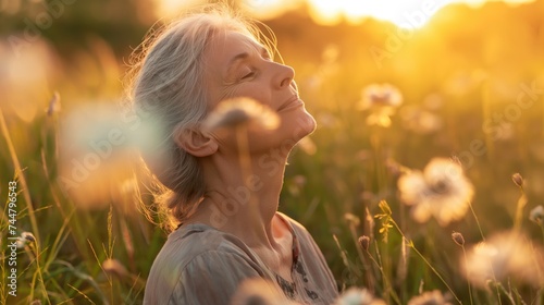 Joyful elderly woman with closed eyes, basking in the warm glow of a setting sun amidst a field of flowers.