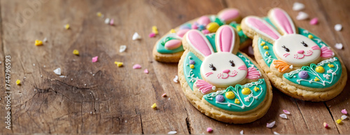 Easter cookies shaped like bunnies are placed on a wooden table with copy space for text.