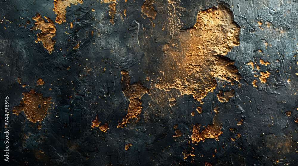 A vivid close-up showing golden speckles contrasting against a textured dark blue surface, embodying a sense of decay and rebirth A vivid close-up showing golden speckles contrasting against a textured dark blue surface, embodying a sense of decay and rebirth
