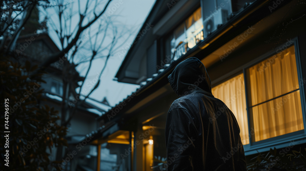Silhouette of a mysterious person outside a house at dusk, with warm light glowing from the window.