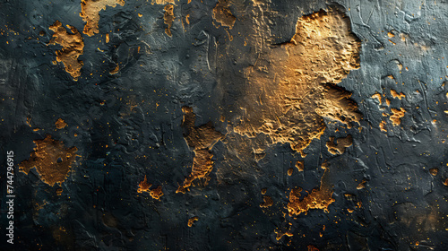 A vivid close-up showing golden speckles contrasting against a textured dark blue surface, embodying a sense of decay and rebirth