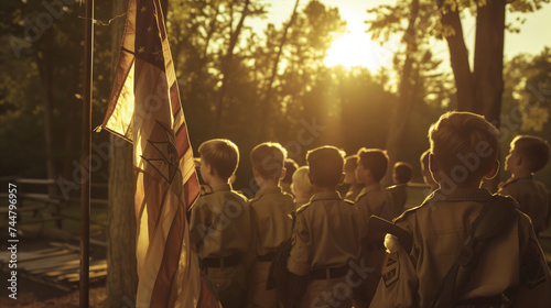 Scouts in uniform saluting the American flag at sunset during a camp ceremony.