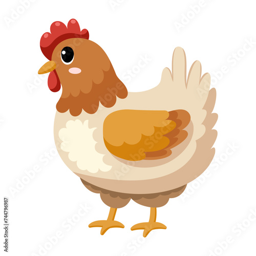 Cute funny hen, happy little chicken. Сute farm animal isolated on white background. Flat vector illustration.