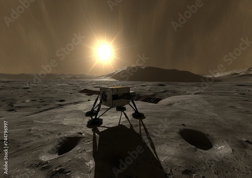 Robotic lander on Martian terrain under a pale sun, signifying human robotic exploration of the Red Planet photo