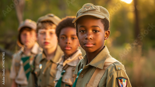 Group of diverse scouts in uniform standing in a forest during golden hour.