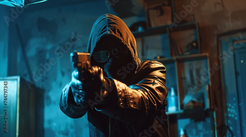 Mysterious person in hoodie aiming a gun with focus on the weapon, dark and moody atmosphere.
