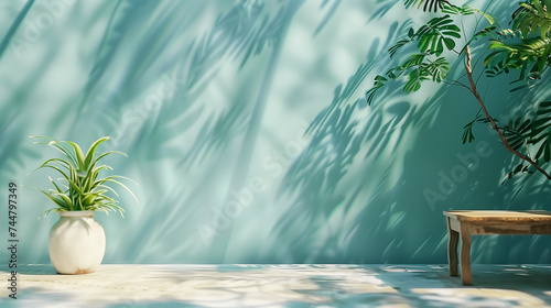 Minimalist interior with plant on table and shadow play on green wall