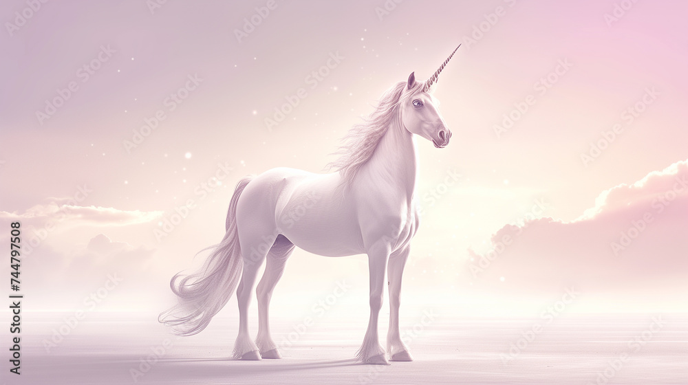 Majestic white unicorn standing in a dreamy pinkish-purple landscape with soft lighting and a tranquil atmosphere.