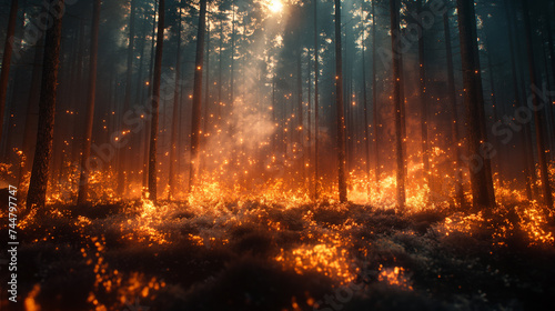 Huge fire at the forest. Trees in fire. Nature care concept. Selective focus. Copy space 