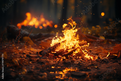 Nature care concept. Campfire in the forest at night. Selective focus. Copy space.