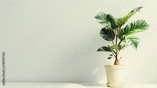 Potted plant with green leaves on a white background with copy space.