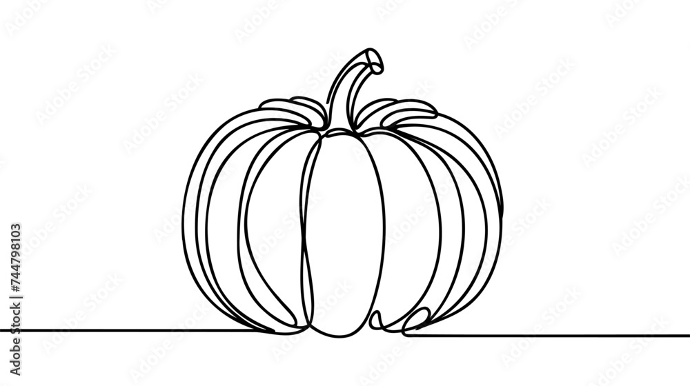 Single continuous line drawing of whole big round healthy organic pumpkin for orchard logo identity. Single continuous line drawing of whole big round healthy organic pumpkin for orchard logo identity.
