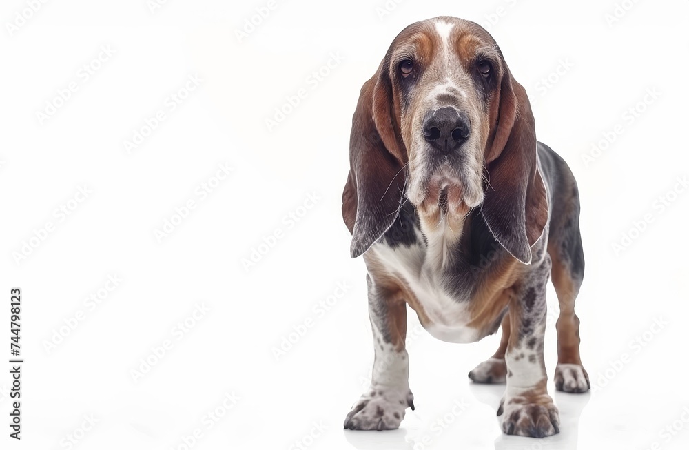 A Basset Bleu de Gascogne dog stands against a white background, its placid gaze and droopy ears conveying a sense of calm. Dog's distinct tricolor coat and muscular build are prominently displayed.