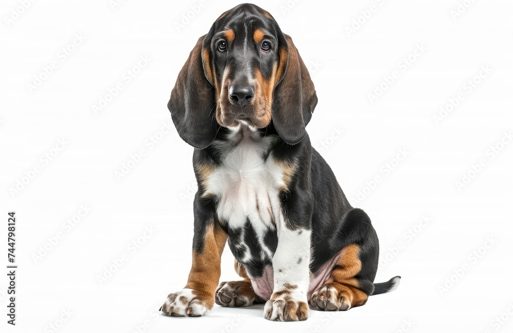With an attentive gaze, this Basset Bleu de Gascogne dog looks upward, ears perked.
