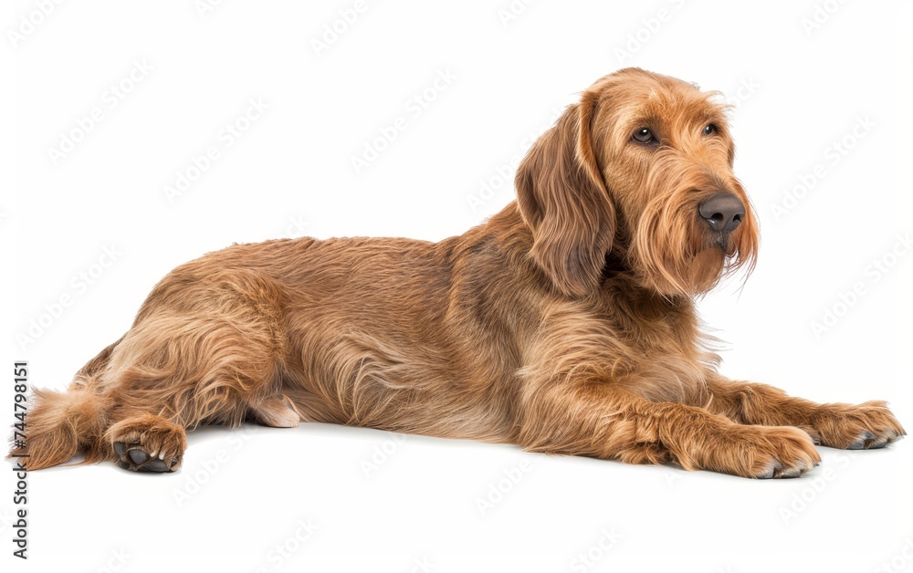 An attentive Basset Fauve de Bretagne lies gracefully, its sharp gaze capturing the essence of its spirited nature against a white backdrop. This dog's poised demeanor reflects a readiness to engage.