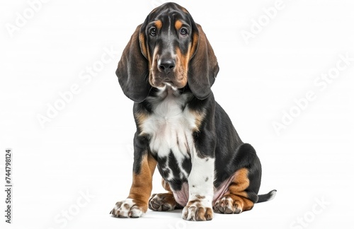 With an attentive gaze, this Basset Bleu de Gascogne dog looks upward, ears perked. photo