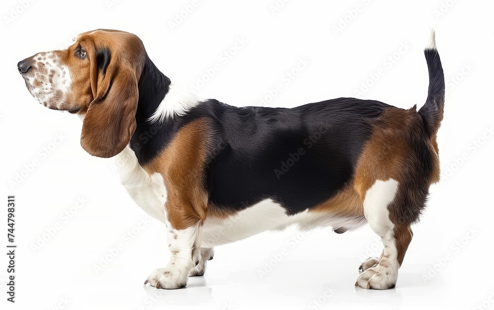 The watchful gaze of a Basset Hound set against a white background captures the breed's vigilant nature. Its contrasting coat patterns are accentuated in this attentive stance.