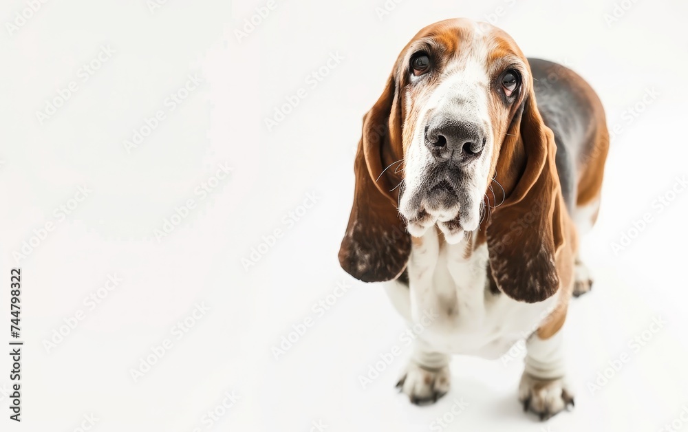 This Basset Hound's direct stare emanates a deep intelligence, set against a stark white backdrop. The dog's long ears and sagging skin add to its unique charm and character.