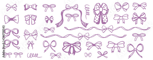 Set of bows on white background. Outline vector with ribbons and ties.
