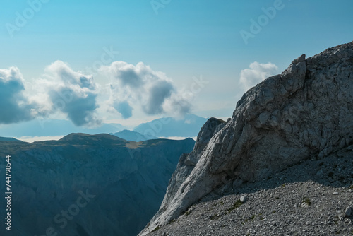 Panoramic view of majestic mountain peaks of Hochschwab massif, Styria, Austria. Idyllic hiking trail on high altitude alpine terrain, remote Austrian Alps in summer. Sense of escape. Nature lover © Chris