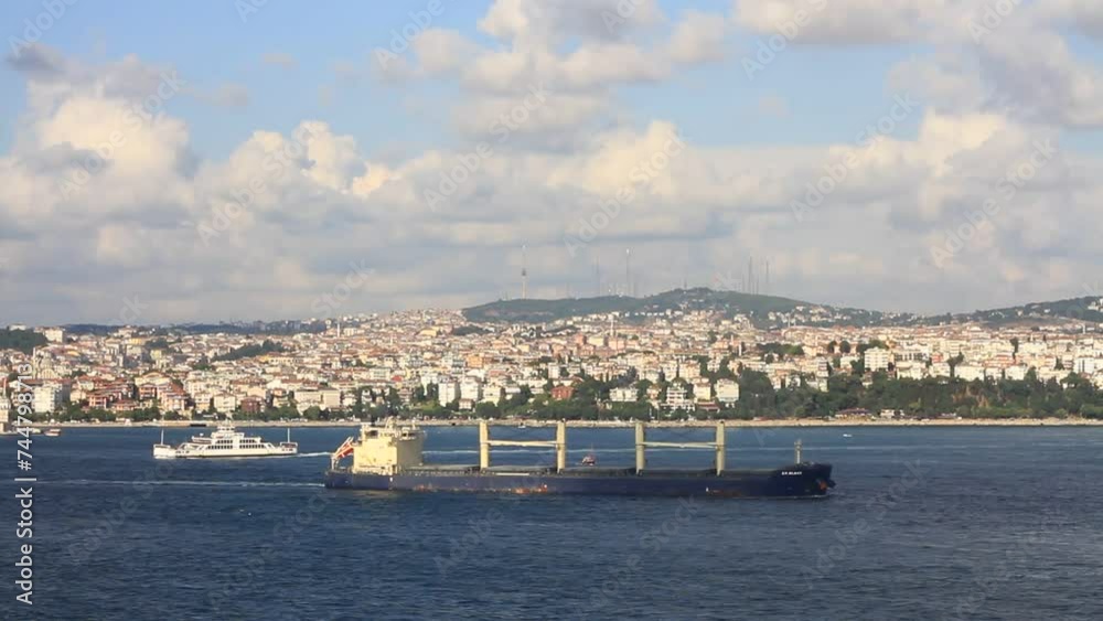Cargo ship with deck cranes sailing in front of Salacak Coast in Istanbul. Cargo Ship sailing into Marmara Sea
Cargo ship with deck cranes sailing in front of Salacak Coast in Istanbul. Cargo Ship sailing into Marmara Sea