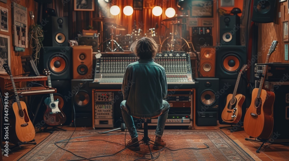 Music producer recording a song in a recording studio. He is sitting on a chair and listening to the music. - obrazy, fototapety, plakaty 