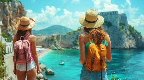 Two women in sun hats stand on a cliff, gazing at the azure ocean below photo