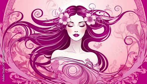Purple is a graceful woman with flowing hair and floral touches in the Art Nouveau style 