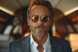 Suave executive in designer sunglasses aboard a private jet, reflecting a high-flying lifestyle