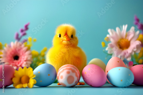 A cute yellow chicken surrounded by colorful Easter eggs and flowers on a blue background. The image can be used for Easter cards or spring season decorations. © Yevheniia