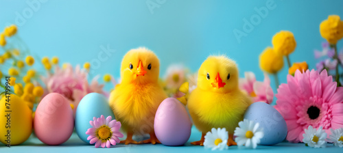 A cute yellow chicken surrounded by colorful Easter eggs and flowers on a blue background. The image can be used for Easter cards or spring season decorations.