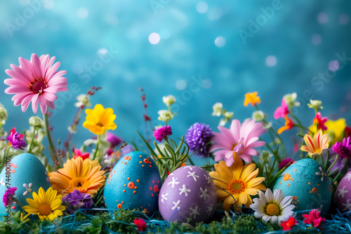 Bright Easter eggs surrounded by flowers against a blue bokeh background. It can be used as a card or decoration for Easter celebrations.