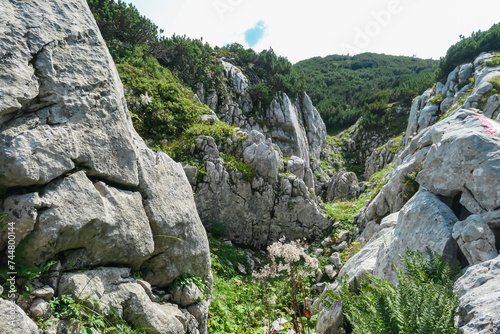 Panoramic hiking trail in majestic mountain range of Hochschwab massif, Styria, Austria. Walking on high altitude alpine terrain in remote Austrian Alps in summer. Sense of escape. Nature lover