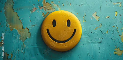 smiling gold yellow smiley Face on turquoise grund wall background photo