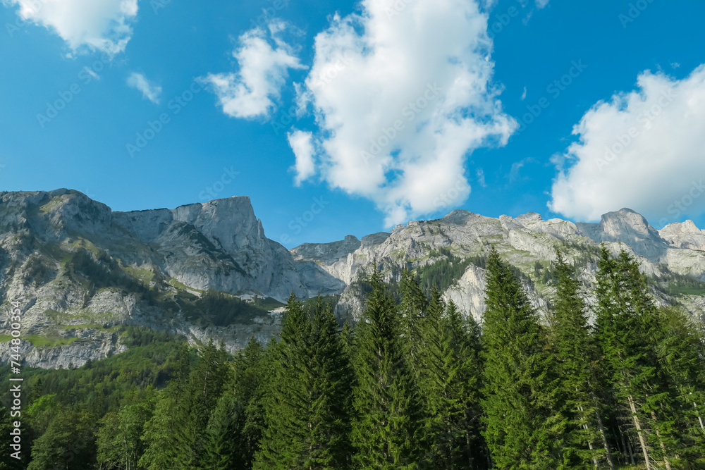 Panoramic view of majestic mountain peak Zinken in Hochschwab massif, Styria, Austria. Idyllic hiking trail on alpine meadow in remote Austrian Alps in summer. Unique massive rock formation Panoramic view of majestic mountain peak Zinken in Hochschwab massif, Styria, Austria. Idyllic hiking trail on alpine meadow in remote Austrian Alps in summer. Unique massive rock formation