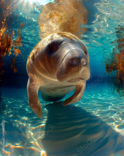 Manatee Swimming Underwater with Sunlight Streaming Through the Surface in a Clear Blue Spring