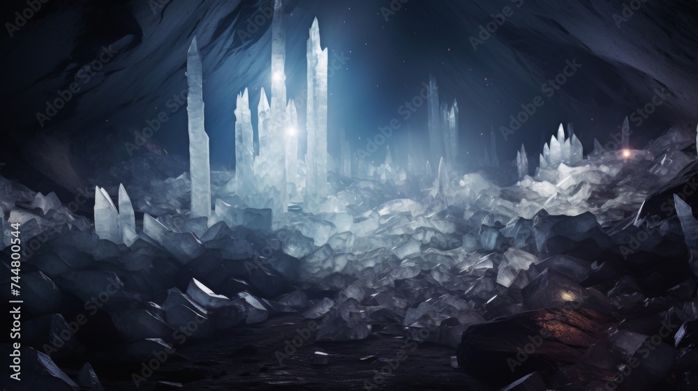 Mystical crystal cave with glowing formations and a dark, atmospheric background.
