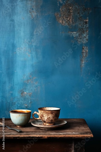 Two ceramic bowls on a wooden table. Painted blue background. Rustic style.