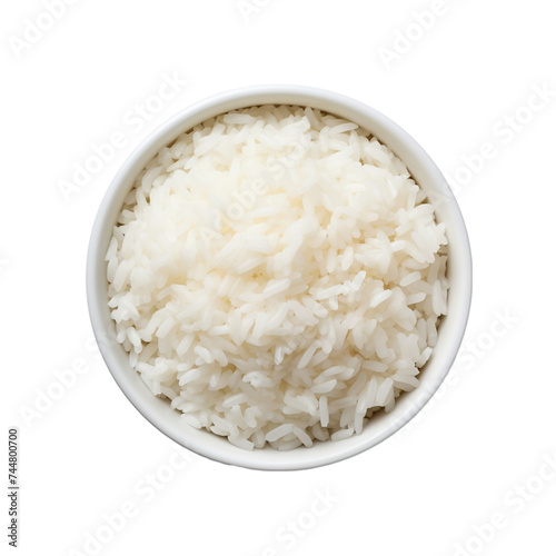Cooked Rice in a white bowl. Isolated on a transparent background.