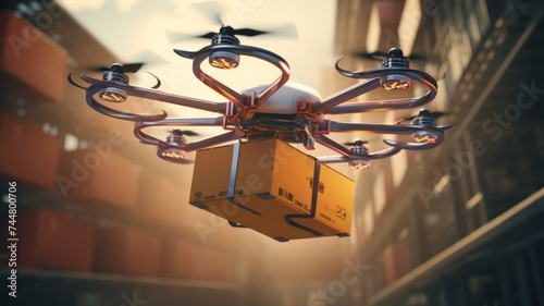 Delivery drone with a package flying between urban buildings at sunset.