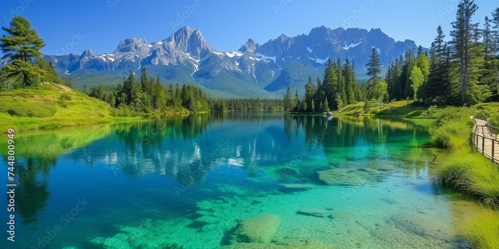 Crystal-clear blue lake reflecting the lush greenery and snowy mountain range under the bright summer sky