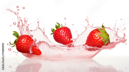Juicy Strawberries Dropping into Water with Splash, Fresh Fruit Concept, White Background