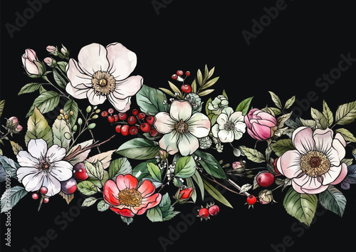 Boutonniere of wild rose flowers and berries Seamless pattern, background. Outline hand drawing vector illustration. In botanical style
