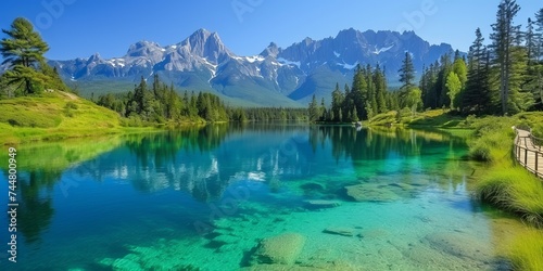 Crystal-clear blue lake reflecting the lush greenery and snowy mountain range under the bright summer sky